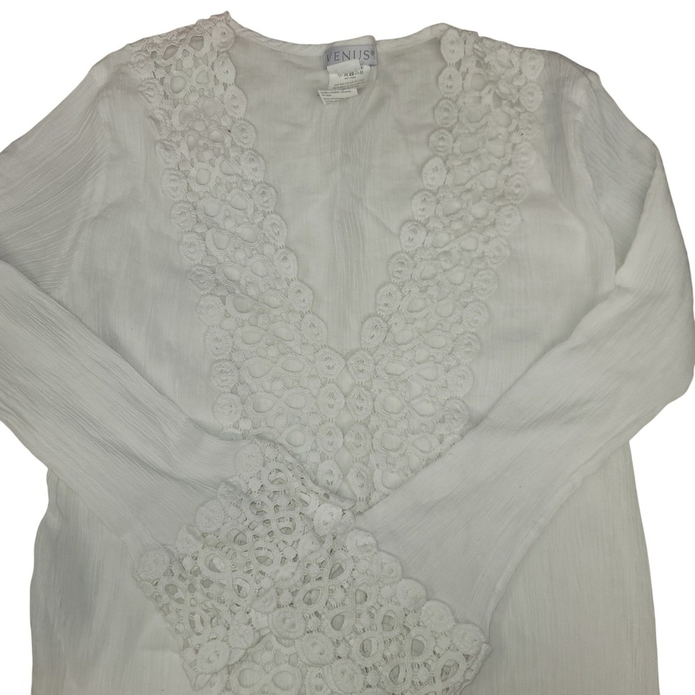 Venus White Crochet Cover Up Lace Trim V-Neck Gauze Boho Beachwear Hippie‎ Small